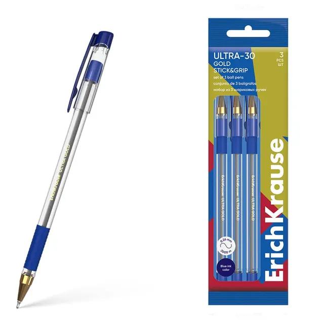 Erichkrause Ballpoint Pen ULTRA-30 Goldstick&Grip Classic 0.7 Blue 3PCS Pack 61110