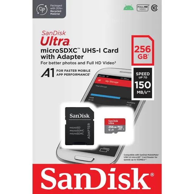Sandisk Ultra microSDXC 256GB + SD Adapter 150MB/s A1 Class
