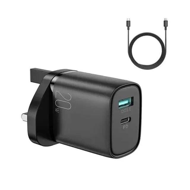 Joyroom Fast UK Wall Charger Usb+Type-C 20W Black + Type C-Lighning Cable 1M