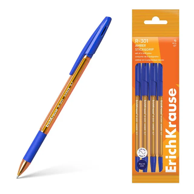 Erichkrause Ballpoint Pen R-301 Stick&Grip Amber 0.7 Blue 4PCS Pack 60999