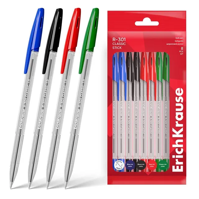 Erichkrause Ballpoint Pens R-301 Stick Classic 1.0 8PCS Pack (2 BLUE/2BLACK/2RED/2GREEN) 60993