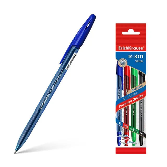 Erichkrause Ballpoint Pen R-301 Stick Original 1.0 (Blue/Black/Red/Green) 4PCS Pack 46776