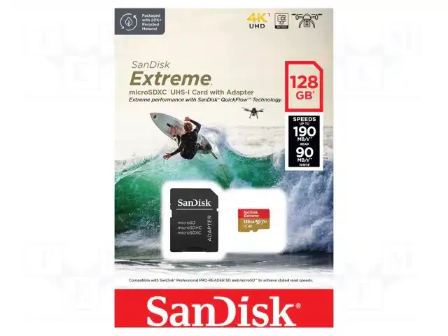 Sandisk Extreme microSDXC 128GB for Action Cams and Drones + SD Adapter + 1 year RescuePRO Deluxe up to 190MB/s & 90MB/s