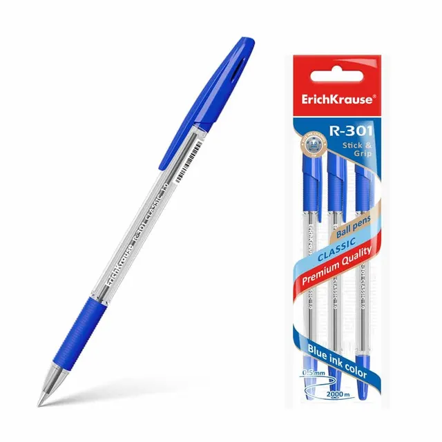 Erichkrause Ballpoint Pen R-301 Stick&Grip Classic 1.0 Blue 3PCS Pack 42747