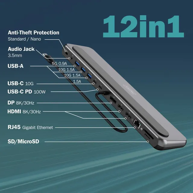 Digitus Usb-C 8K Docking Station 12-Port 2xHDMI, DP, 3xUSB 3, Usb-C, RJ45, Card Reader, 100W DA-70919