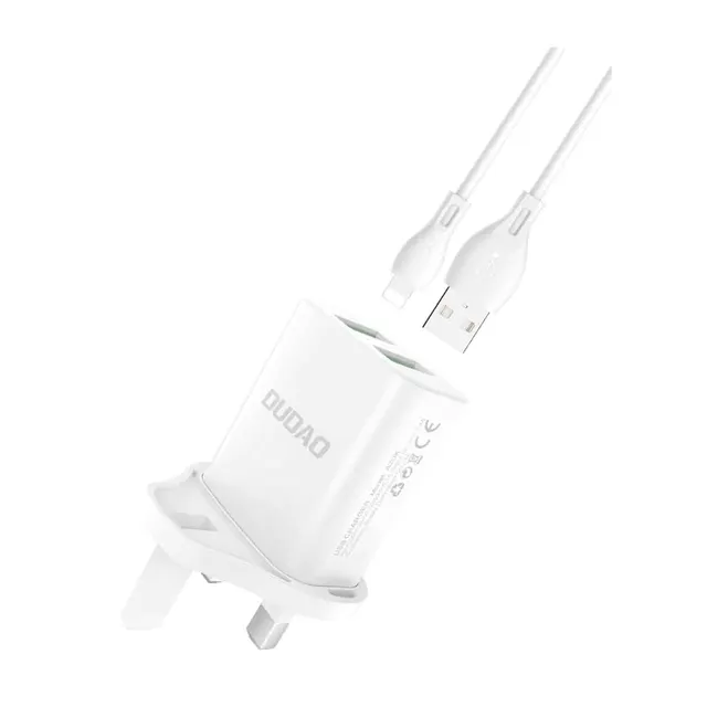 Dudao Wall Charger UK Plug 2XUSB-A White + USB to Lightning Cable White