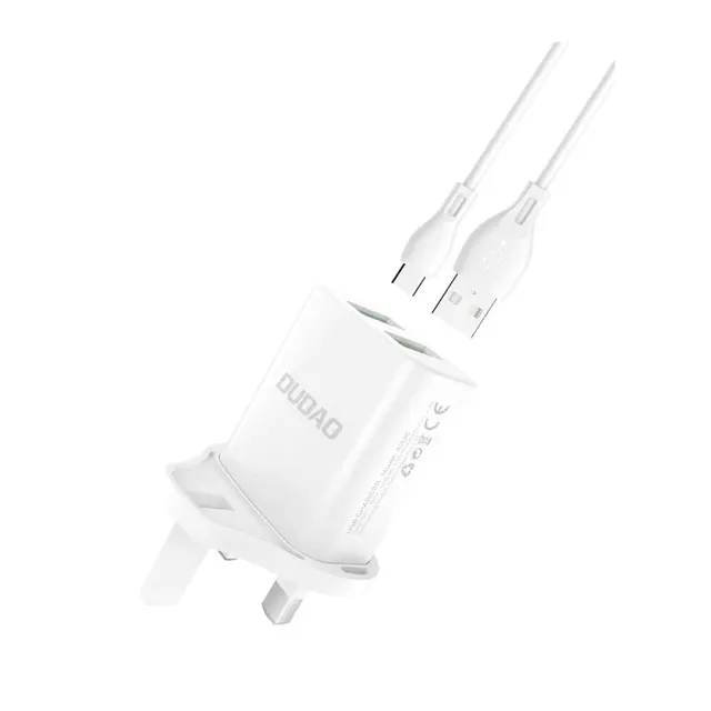 Dudao Wall Charger UK Plug 2XUSB-A White + USB to Type-C Cable White