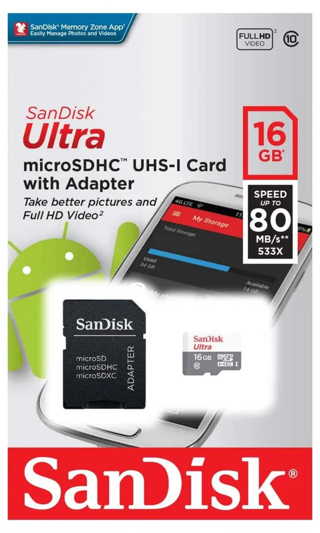 Sandisk Ultra Android microSDHC + SD Adapter 16GB 80MB/s Class 10