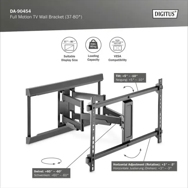 Digitus Full Motion TV Wall Mount 37-80" 60KG(MAX) DA-90454