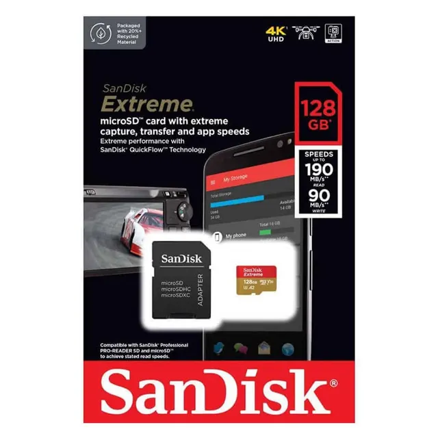 Sandisk Extreme microSDXC128GB + SD Adapter For Action/Digital Cameras 190MB/s A2 C10 V30 Uhs-I U3 4K