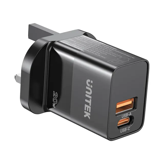 Unitek Wall Charger UK Plug 20W USB & Usb-C Black
