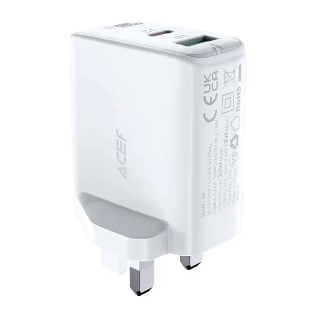 Acefast Wall Charger USB + Type C 32W UK Plug White