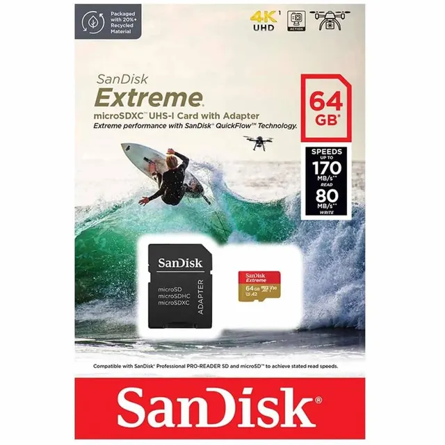 Sandisk Extreme microSDXC 64GB + SD Adapter + R-170MB/s W-80MB/s A2 C10 V30 Uhs-I 4K